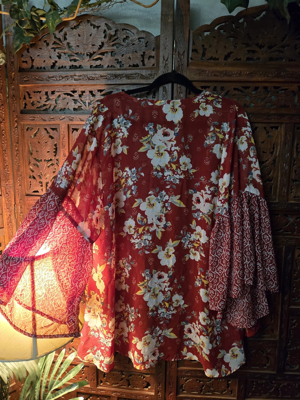 Floral Open-Front Kimono Cardigan - Red with Cream Flowers Lg Peasant Sleeves - Picture 6 of 8